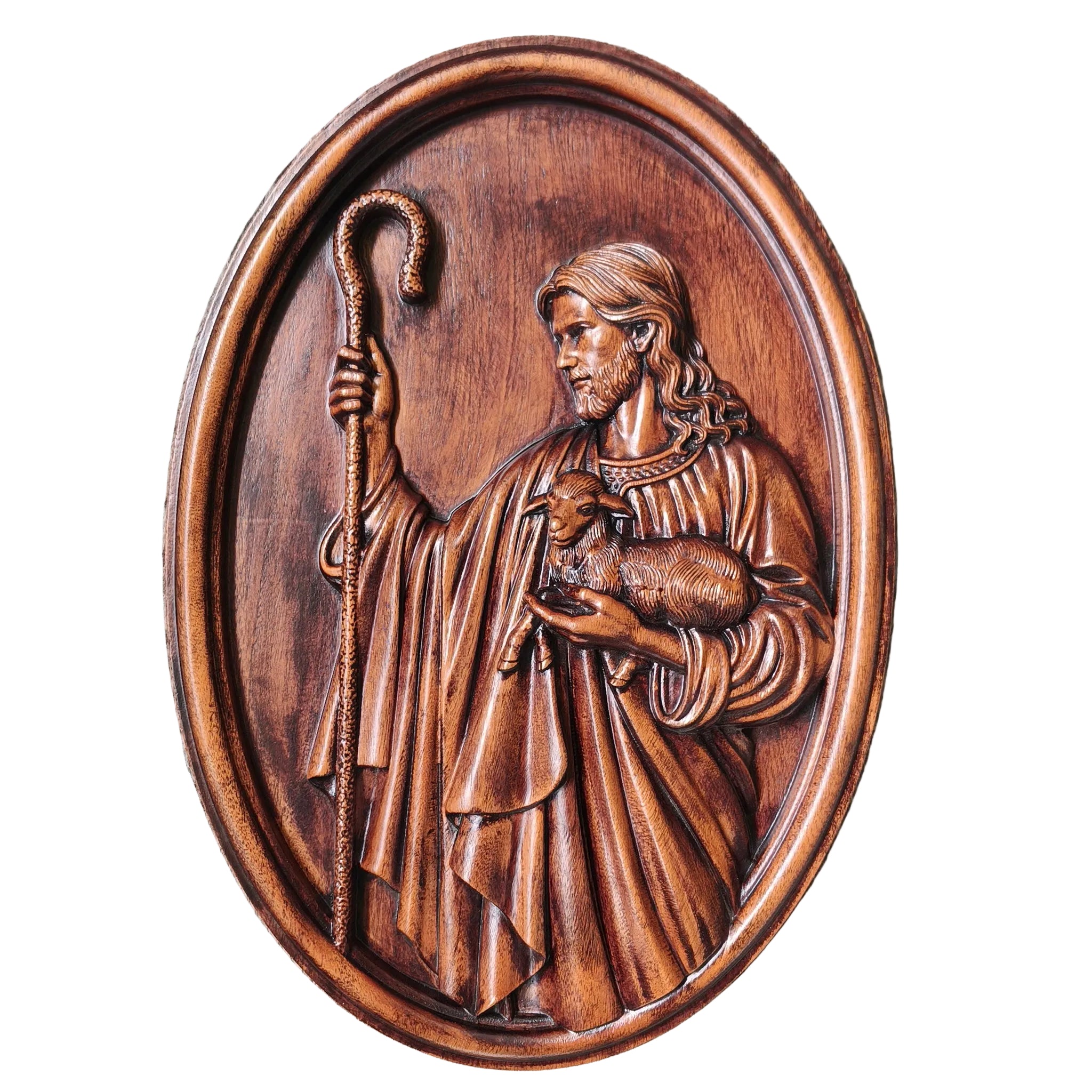 Jesus Good Shepherd Oval Wood Carving Wall Plaque