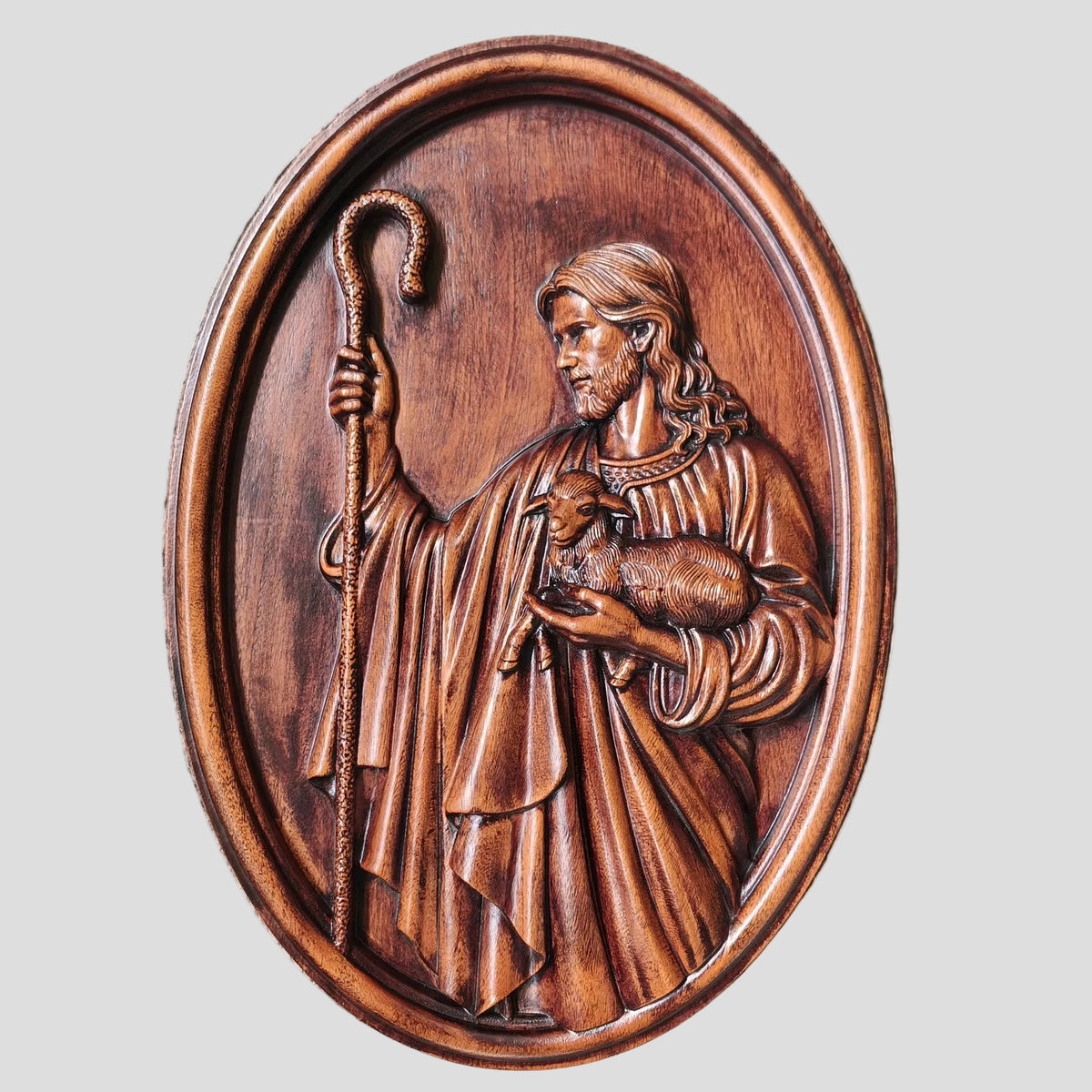 Jesus Good Shepherd Oval Wood Carving Wall Plaque